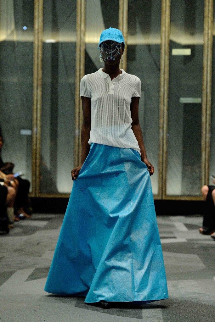 A model walks the runway for the Manu Reas Haute-Couture Fall/Winter 2015/2016 collection show at the Peninsula Hotel in Paris, France, on July 8, 2015. Photo by Aurore Marechal/ABACAPRESS.COM