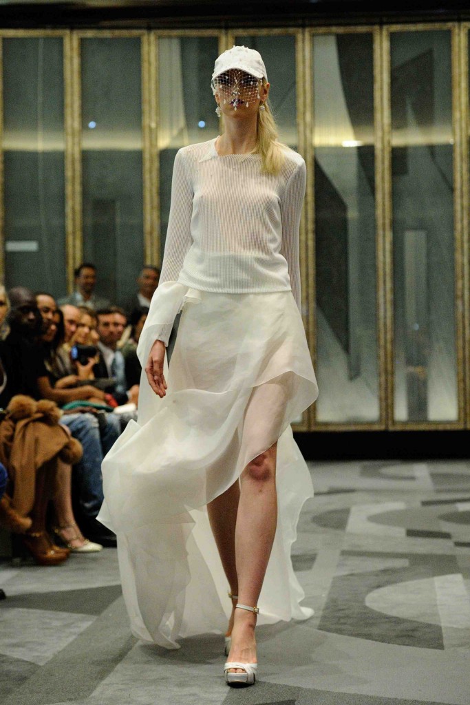 A model walks the runway for the Manu Reas Haute-Couture Fall/Winter 2015/2016 collection show at the Peninsula Hotel in Paris, France, on July 8, 2015. Photo by Aurore Marechal/ABACAPRESS.COM