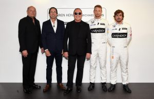 LONDON, ENGLAND - JUNE 22: (L-R) Ron Dennis, John Idol, Michael Kors, Jenson Button and Fernando Alonso attend Michael Kors and McLaren-Honda announcement on June 22, 2016 in London, England. (Photo by David M. Benett/Dave Benett/Getty Images for Michael Kors)