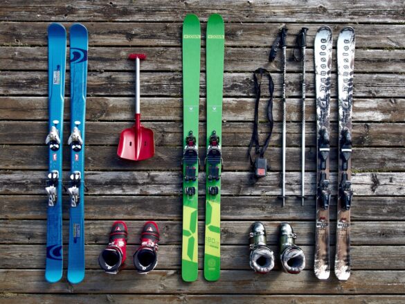 flatlay of skiing equipment