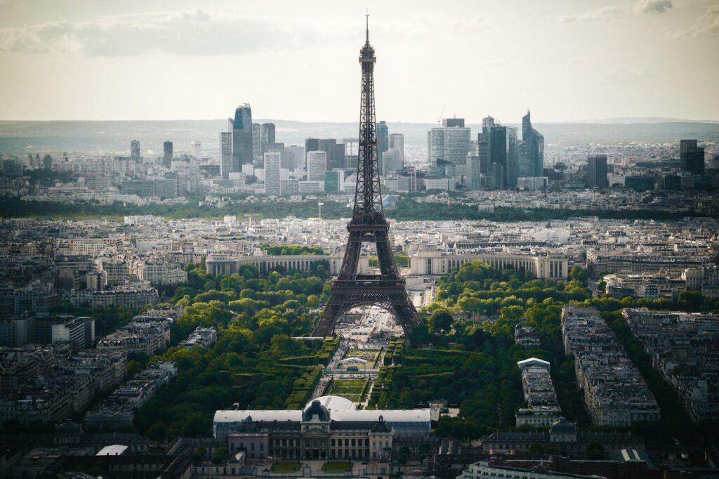 eiffel tower and paris at sunset