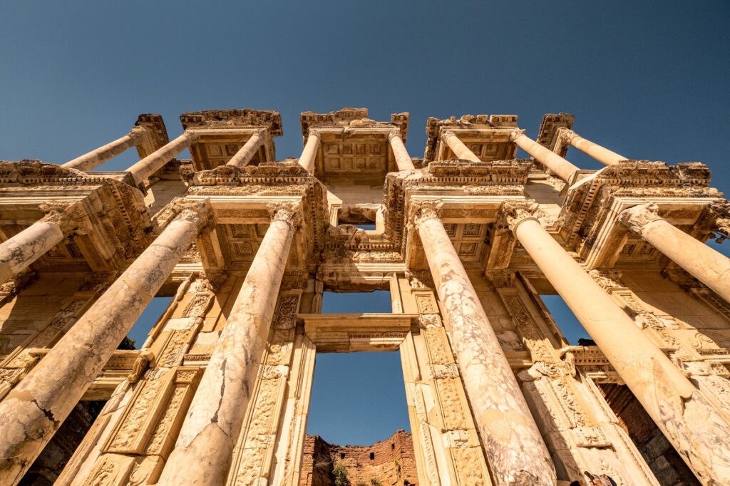 low angle shot of library of celsus