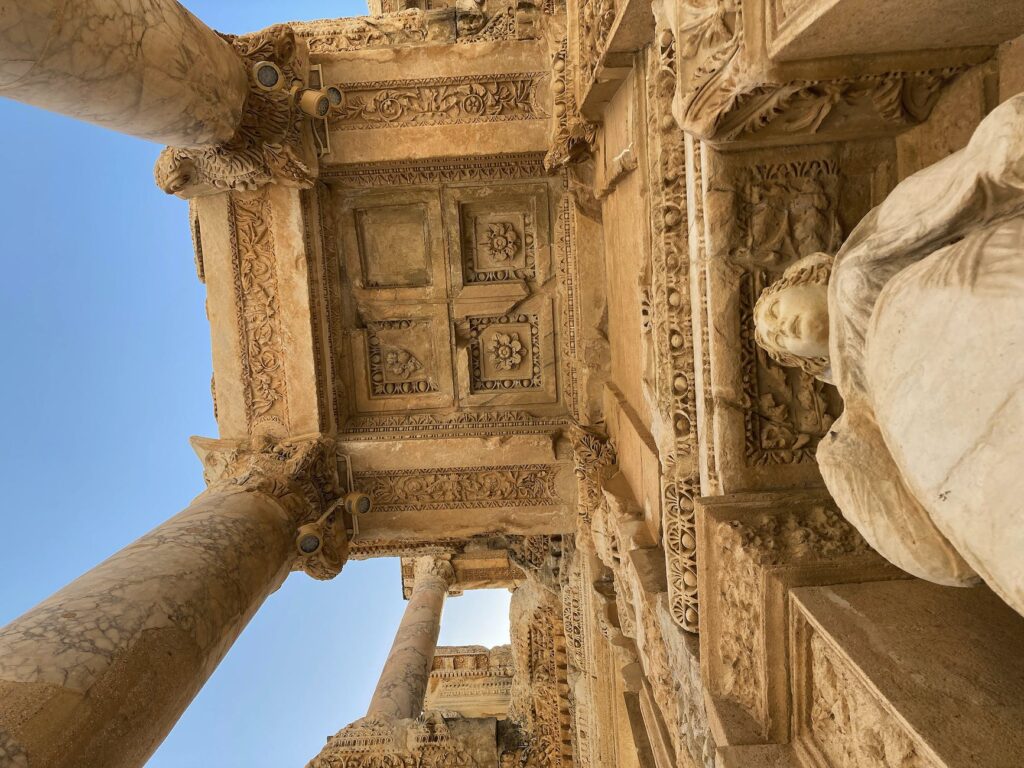 low angle shot of the library of celsus ceiling in izmir turkey