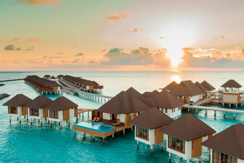 brown and white wooden houses on body of water during sunset